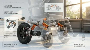 Technical illustration of the advanced suspension system on a high speed outdoor power wheelchair.
