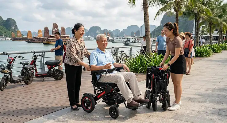 An elderly Asian man sits in a black lightweight electric wheelchair while a younger woman demonstrates a folded unit next to him along a scenic boardwalk, highlighting affordable folding power wheelchairs under $2000.