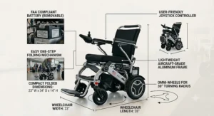 Diagram highlighting the travel friendly features and dimensions of a top rated airline approved power wheelchair