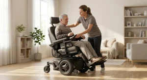 Caregiver helping an individual adjust position in a power recline wheelchair indoors.