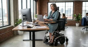 A professional working at a standing height desk while supported by an electric standing wheelchair.