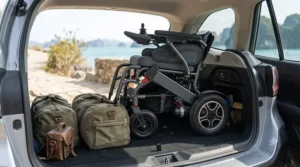 Illustration 8: A high-resolution photorealistic 4K photograph of the charcoal-grey portable power wheelchair from image_2.png and image_8.png, completely folded for storage. It is shown inside the well-lit cargo area of a silver SUV, sitting compactly alongside matching olive-green travel duffel bags and a leather camera bag, with natural light highlighting its compressed dimensions in the sun-drenched Vietnamese coastal setting of Tuan Chau.