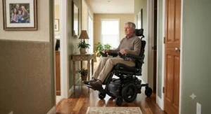A compact reclining power wheelchair maneuvering through a narrow home hallway.