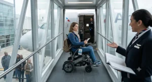 A sleek, mid-wheel drive standing power wheelchair showing a tight turning radius in a living room.