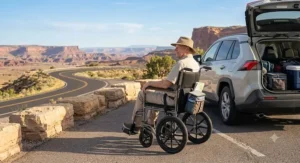 A compact portable wheelchair for car transport featuring handbrakes and a comfortable mesh seat.