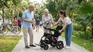 A young woman demonstrates how easily a portable electric wheelchair unfolds on a park path for an elderly couple, showing its ease of use.