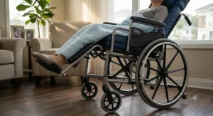 Reclining wheelchair featuring padded elevating legrests designed to improve circulation and relieve lower body pressure.