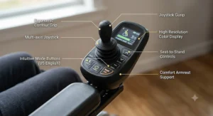 Close-up diagram of the ergonomic joystick control panel on a modern power standing wheelchair.