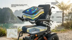 Visual guide of the ergonomic seating and support cushions designed for high speed outdoor travel.