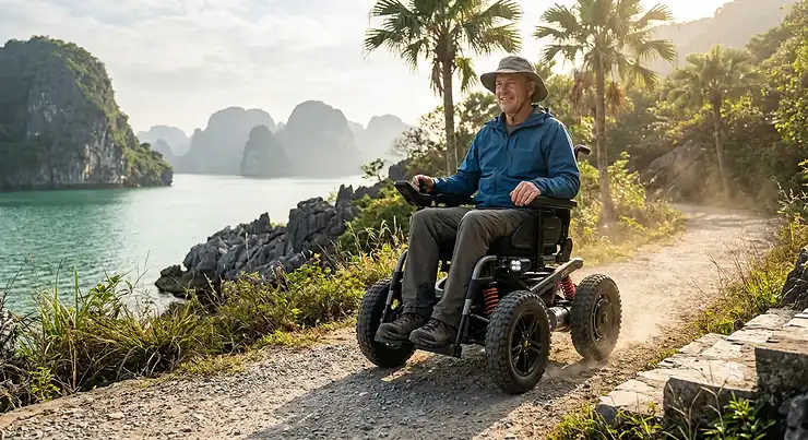 Illustration highlighting the top speed capabilities of a high speed outdoor power wheelchair on an open track.