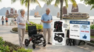 A side-by-side spec and value comparison graphic showing why this particular foldable power chair is a top choice