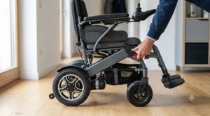 Illustration 1: A close-up, photorealistic view of a portable power wheelchair for travel on a wooden floor, with a user's hand engaging the red release lever and folding the joystick armrest down.