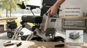 A close-up detailed view highlighting the innovative, removable lithium-ion power pack and battery dock system on the chair's frame.