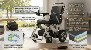 An ergonomic analysis diagram of the power wheelchair's seating system, highlighting the multi-layered foam cushion, lumbar support, tension backrest, and pressure distribution graphics.