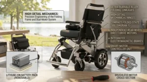 A comprehensive technical summary blueprint reviewing the independent rear-wheel direct-drive motors, internal brushless motor cross-section, and durable frame folding hinges.