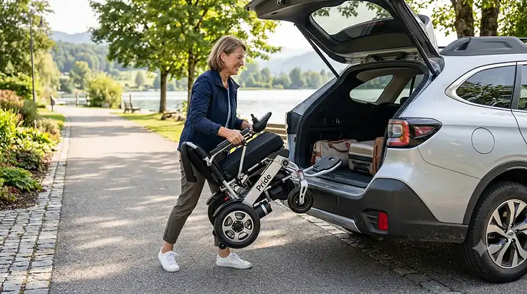 A photorealistic scene of an adult woman loading a lightweight, compact folding power wheelchair into the trunk of a silver SUV parked near a scenic lake. folding power wheelchairs
