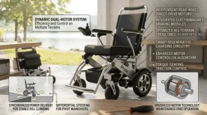 An illustrative diagram explaining the dynamic dual-motor drive system, regenerative charging circuitry, and hill-climbing capabilities of the power wheelchair.