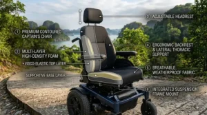 Plush high-back captain seat with adjustable headrest on a heavy-duty outdoor rear wheel drive power wheelchair.