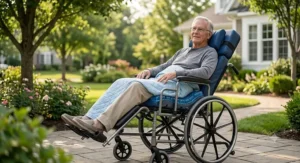 Heavy-duty reclining wheelchair with a specialized gel cushion to prevent pressure sores and skin breakdown.
