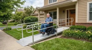 An accessible travel power wheelchair ascending an ADA-compliant modular ramp leading into an American home.