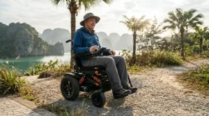 A high speed outdoor power wheelchair driving smoothly across a paved park path.