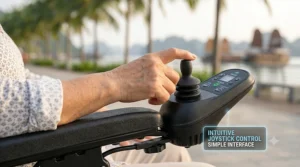 Macro view of an older adult's hand operating an intuitive 360-degree joystick controller with a simple interface on a budget-friendly motorized chair.
