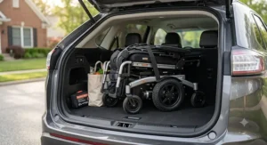 A lightweight electric standing wheelchair folded neatly for easy transport in a car trunk.