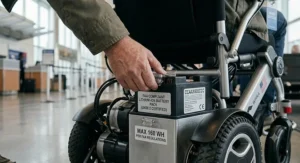 Close-up of a removable FAA compliant lithium battery pack on an airline approved power wheelchair