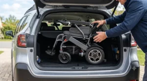 Illustration 2: A photorealistic view of the folded portable power wheelchair for travel being easily lifted into the trunk of a silver SUV by a user, demonstrating its lightweight and compact size.