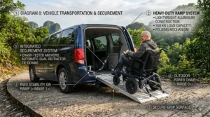 An outdoor rear wheel drive power wheelchair being safely driven up an accessible vehicle ramp into an adapted van.