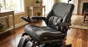 A high-end reclining power wheelchair featuring plush memory foam cushion seating and lumbar support.