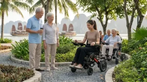 A woman tests the tight turning radius and maneuverability of a compact folding electric wheelchair on a gravel park walkway.