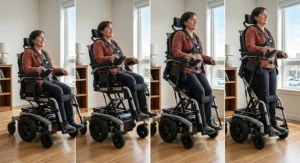 Illustration demonstrating the smooth transition of an electric standing wheelchair from sitting to a full standing posture.