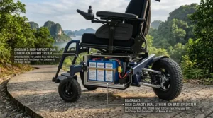 Diagram showing the long-range battery compartment placement on an outdoor rear wheel drive power wheelchair.