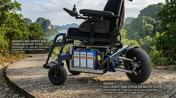 Diagram showing the long-range battery compartment placement on an outdoor rear wheel drive power wheelchair.