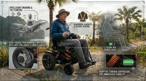Safety graphic showing the intelligent braking system of an outdoor motorized wheelchair at high speeds.