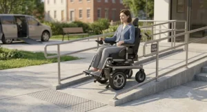 Electric power tilt wheelchair navigating smoothly up a concrete sidewalk accessibility ramp