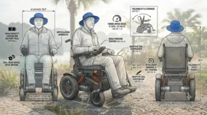 Dimension diagram showing the ground clearance and turning radius of a high speed outdoor power wheelchai