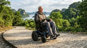 An outdoor rear wheel drive power wheelchair being driven down a smooth paved park pathway on a sunny day.