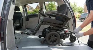 Compact power recline wheelchair stored in the trunk of an accessible minivan for easy transport.