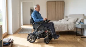 Illustration 4: A detailed photorealistic image showing a person easily maneuvering the compact charcoal-grey portable power wheelchair through a doorway in a sunlit bedroom, demonstrating its small turning radius.