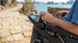Illustration 7: A photorealistic, high-detail 4K photograph focusing on the sophisticated joystick control panel and removable battery pack of a portable power wheelchair for travel. A man's hand lightly operates the joystick, and the integrated LCD screen displays critical information like battery charge (85%) and speed. The background is a gently blurred, sun-drenched Vietnamese coastal path, establishing the travel context.