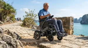 Illustration 5: A detailed, photorealistic close-up capturing a portable power wheelchair for travel, featuring robust wheels, negotiating rough, weathered stone pavers and coastal flora on a cliff-top path overlooking Ha Long Bay.