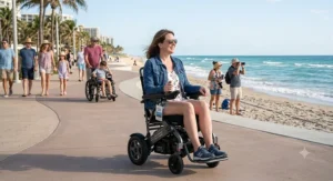 A modern standing power wheelchair positioned next to an accessible van with a wheelchair ramp.