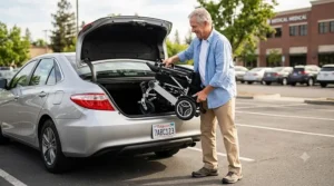 An elderly man easily lifting a compact travel power wheelchair into the trunk of a sedan.