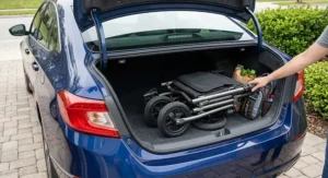 A lightweight portable wheelchair for car transport folded compactly inside the trunk of a midsize sedan.