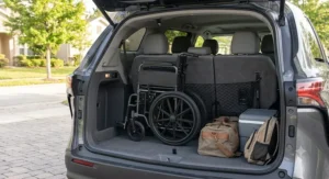 A folded portable wheelchair for car transport secured nicely within the rear cargo space of a family minivan.