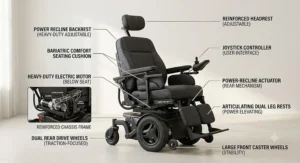 Illustration showing key components of a power recline wheelchair including motor, backrest, and footrests.