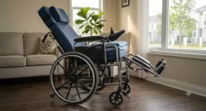 Modern power reclining wheelchair equipped with a joystick control for autonomous recline and pressure relief adjustment.
