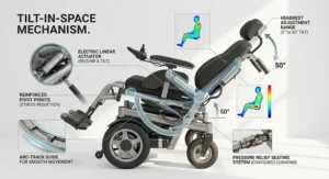 Diagram showing the tilt-in-space seat adjustment mechanism on a power wheelchair for pressure relief